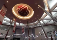 Gedung Bursa Efek Indonesia dengan latar grafik perdagangan saham